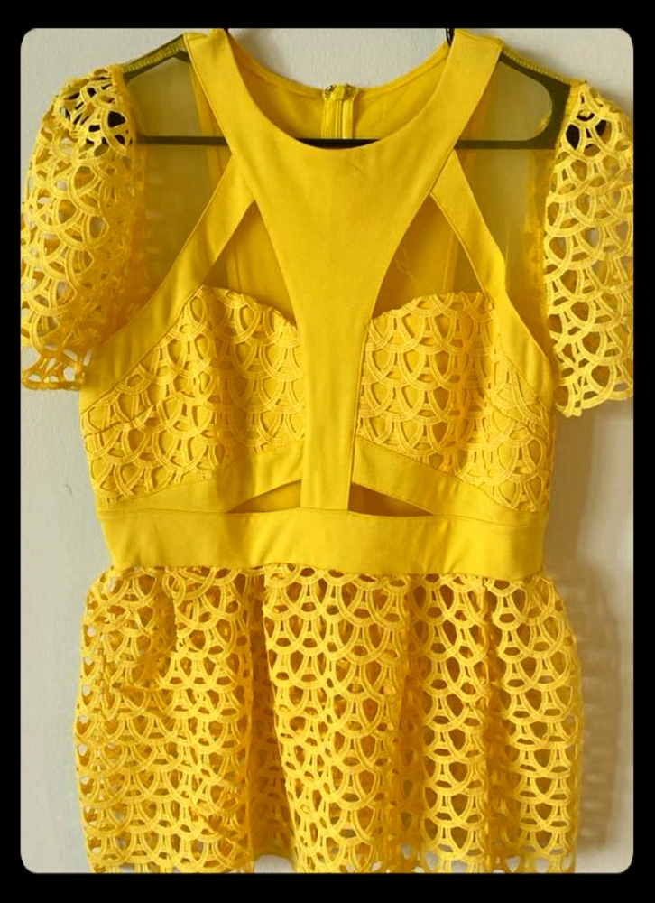Yellow Lace Peplum blouse with transparent panels